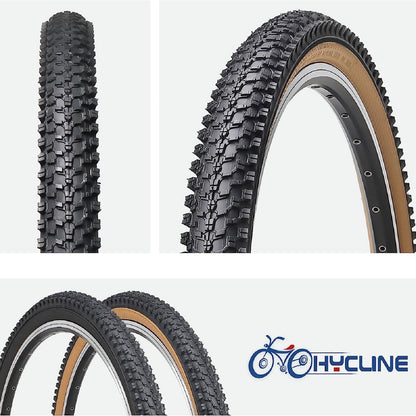 Hycline CrossBand Brown Wall mountain bike tire, 26 inches by 1.95 inches, with Kevlar folding for durability and traction.