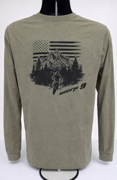 Green mountain-themed WarpWear shirt by Warp9Racing, featuring mountain graphics in a casual apparel style.