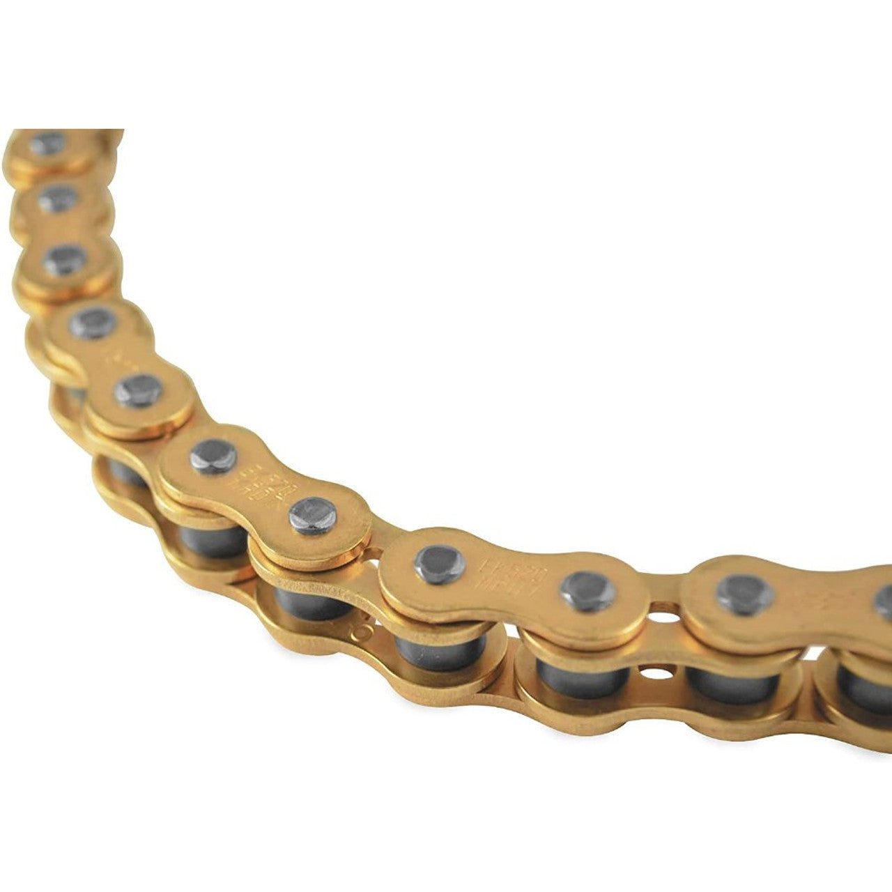 Gold EK 520 MX motorcycle chain from Warp9Racing, showcasing the durable, high-performance chain with intricate link details.
