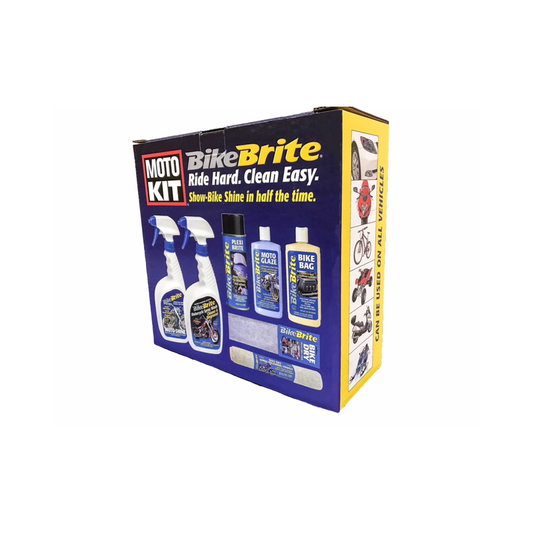 Motorcycle Moto Kit from Bike Brite Online, featuring cleaning supplies and accessories for motorcycle maintenance.