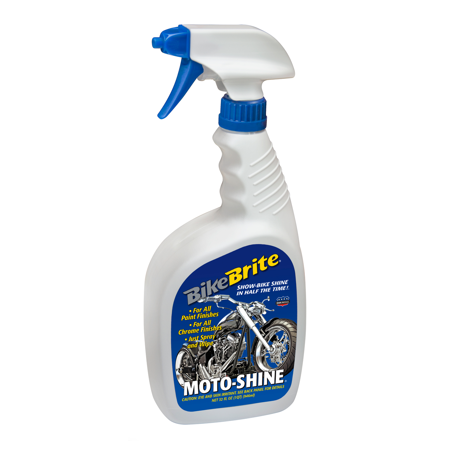 Bike Brite Moto-Shine motorcycle detailer and spray wax in a 32 oz bottle, shown with shiny, clean motorcycle parts.