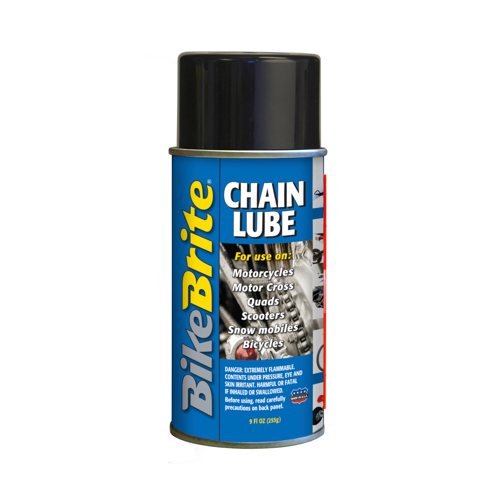 Bike Brite Chain Lube aerosol for motorcycles, ATVs, and snowmobiles, 9 oz bottle showing the chain lube spray can.