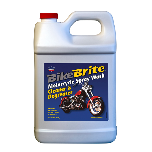 Bike Brite Motorcycle Spray Wash 128oz bottle, blue liquid cleaning solution for motorcycle cleaning and detailing.