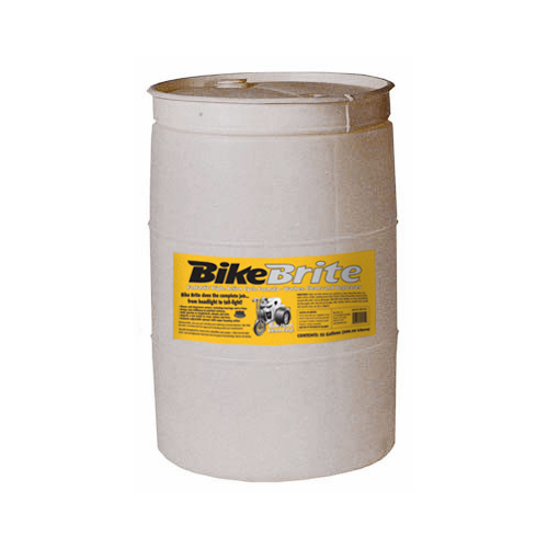 Motorcycle spray wash in a 55-gallon container from Bike Brite Online, designed for cleaning motorcycles effectively.