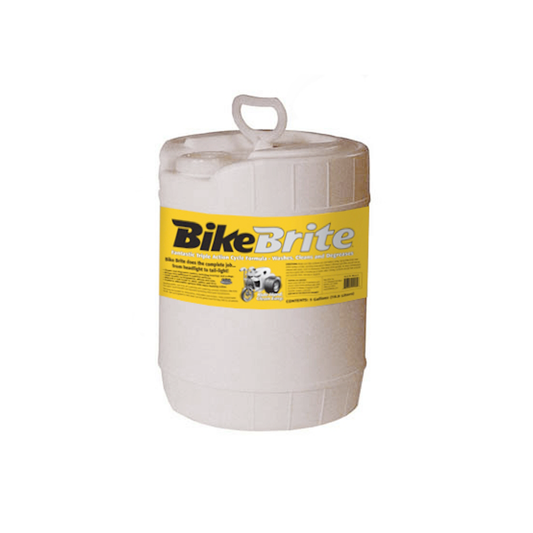 Motorcycle spray wash in a 5-gallon container from Bike Brite Online, designed for cleaning motorcycles effectively.