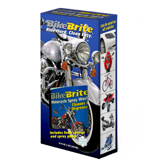 Bike Brite Motorcycle Spray Wash Kit 32oz with spray nozzle and cleaning solution for easy motorcycle cleaning.