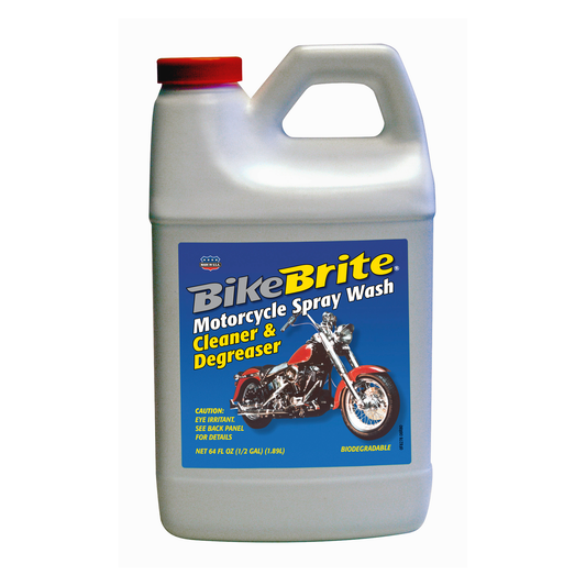 Bike Brite Motorcycle Spray Wash 64oz bottle, showing the cleaning spray and label for motorcycle cleaning and maintenance.