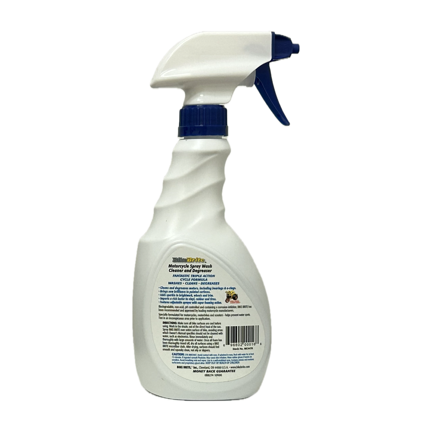 Bike Brite Motorcycle Spray Wash 16.9oz bottle with spray nozzle, ready for cleaning motorcycle surfaces and parts.