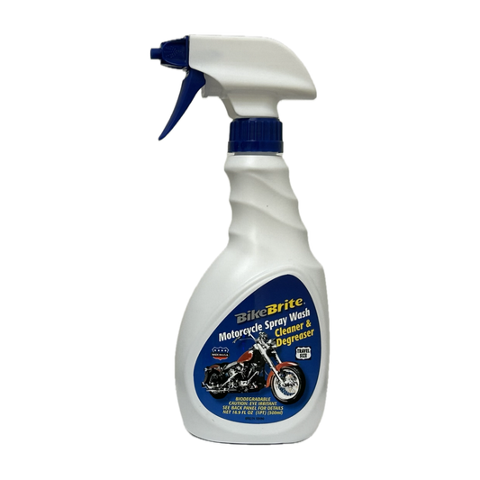 Bike Brite Motorcycle Spray Wash 16.9oz bottle, showing the label and product packaging for effective motorcycle cleaning.