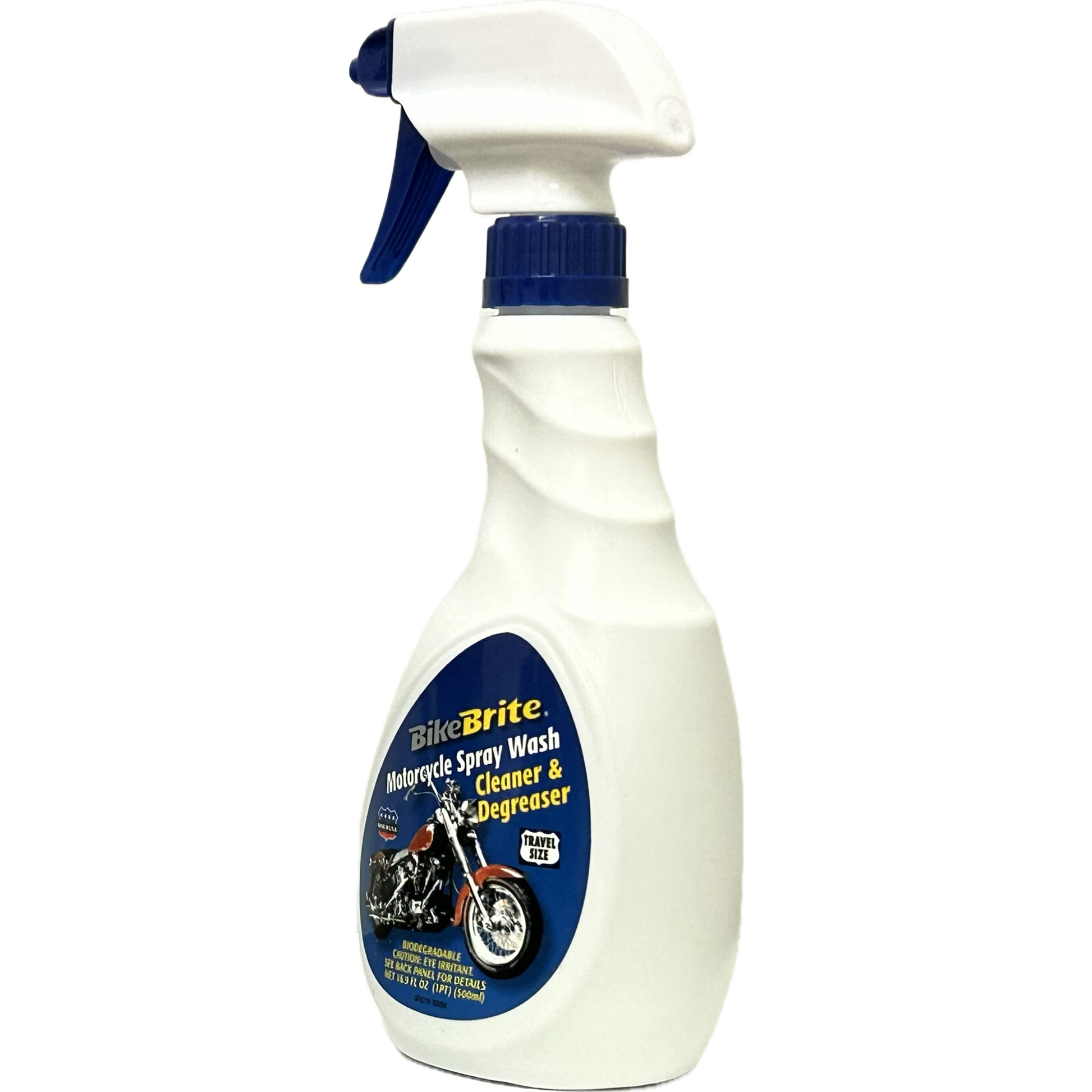 Bike Brite Motorcycle Spray Wash 16.9oz bottle with nozzle, ready for cleaning motorcycle surfaces and parts.