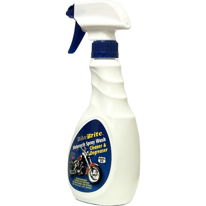 Bike Brite Motorcycle Spray Wash 16.9oz bottle with nozzle, ready for cleaning motorcycle surfaces and parts.