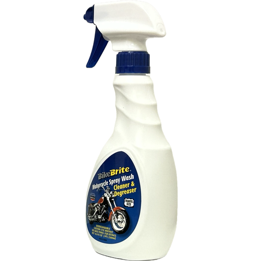 Bike Brite Motorcycle Spray Wash 16.9oz bottle with nozzle, ready for cleaning motorcycle surfaces and parts.