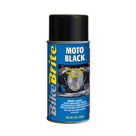 Motorcycle cleaner bottle labeled Moto-Black® by Bike Brite Online, with black cap and vibrant label design.