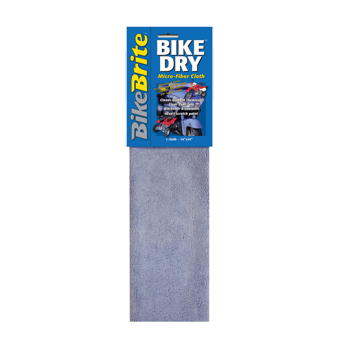 Bike Brite Bike Dry microfiber cloth, 14x14 inches, motorcycle drying towel shown with clean, dry motorcycle surface.