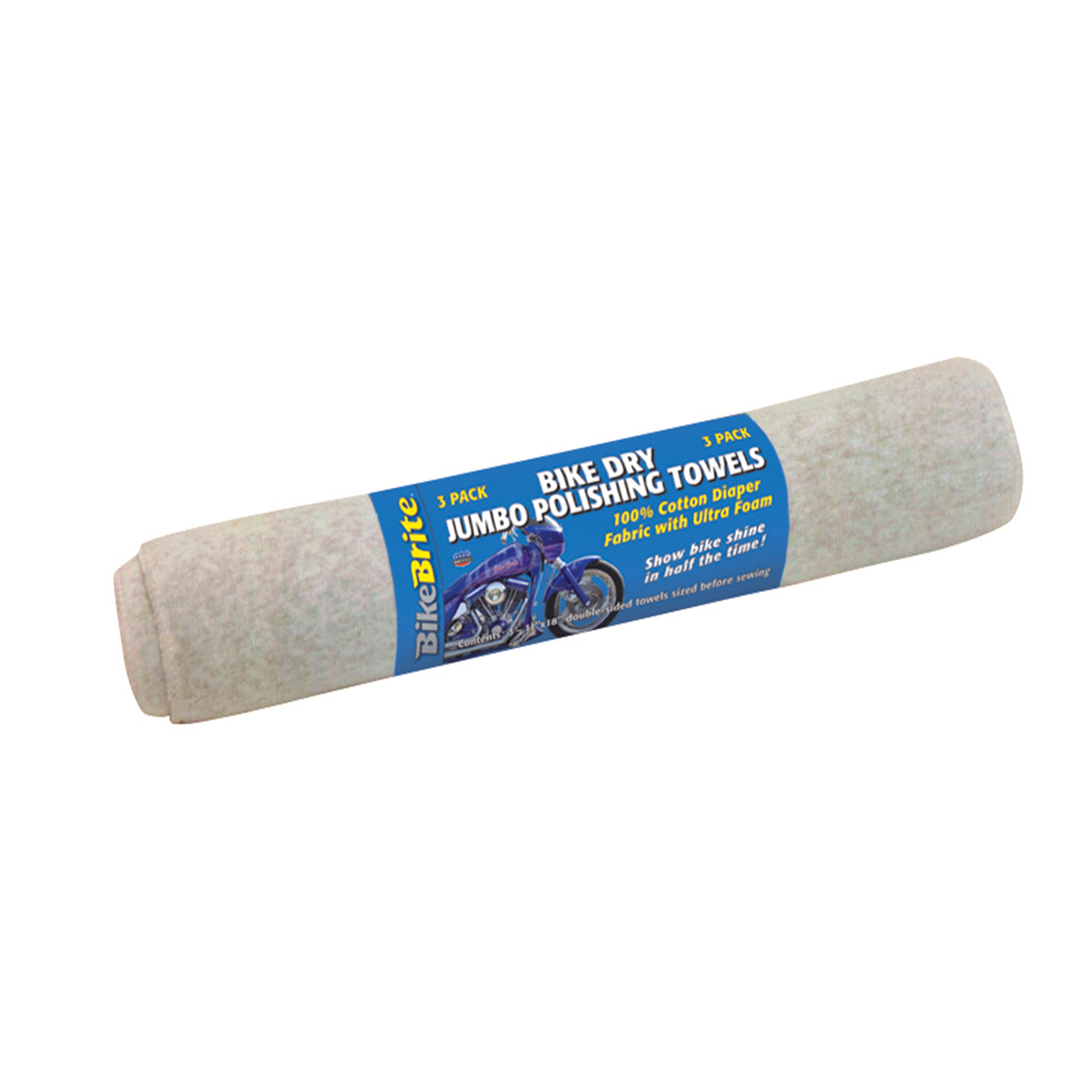 Bike Brite Online Bike Dry Jumbo Polishing Towel shown, large white microfiber towel for bike cleaning and polishing.