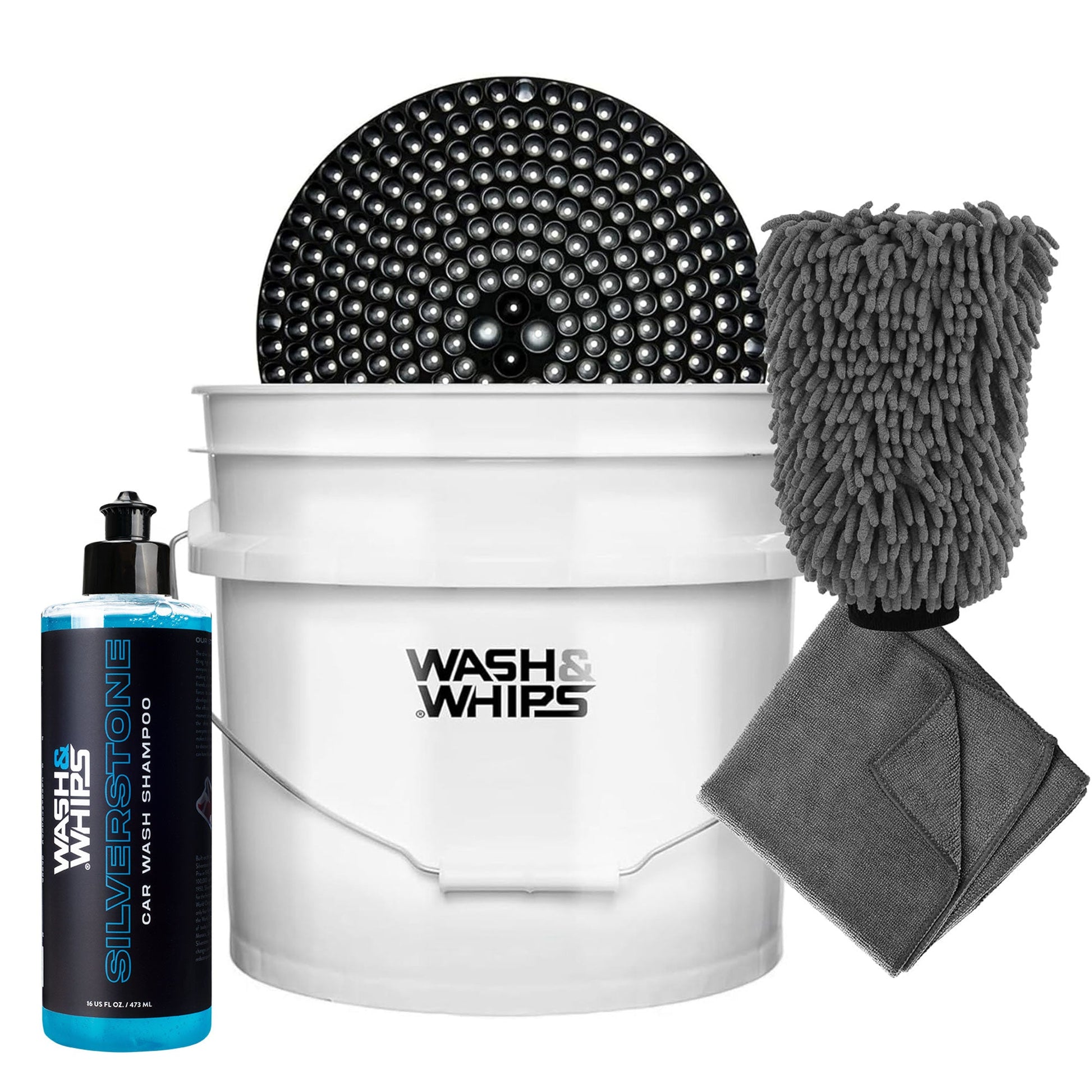 WASH & WHIPS Car Wash Kit - 3-Gallon Bucket with Particle Interceptor Trap, Shampoo, Chenille Mitt & Microfiber Soft Towel, 5pcs - Howling Moto