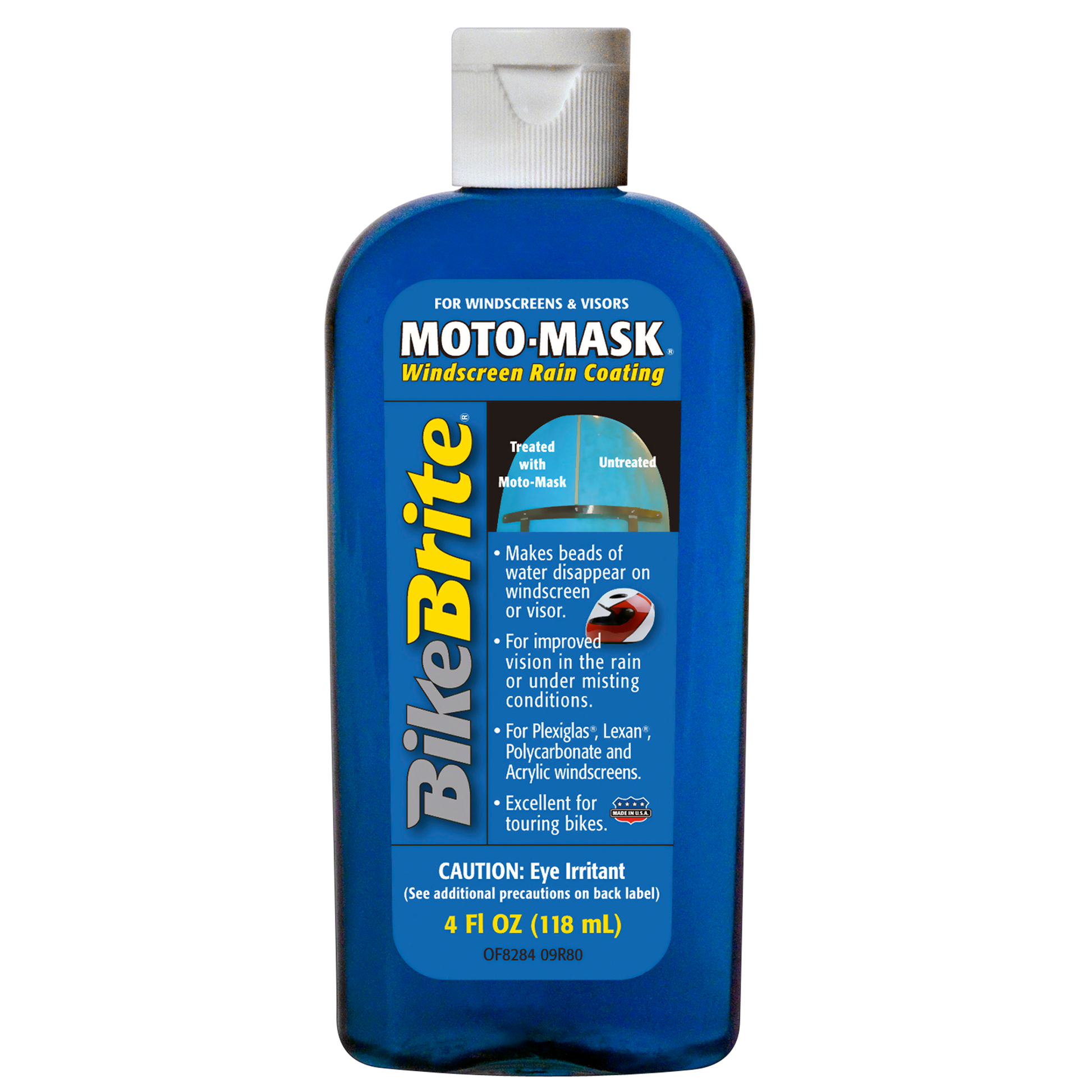 Bike Brite Moto Mask windscreen rain coating spray in a 4 oz bottle, designed for motorcycle windshields and rain protection.