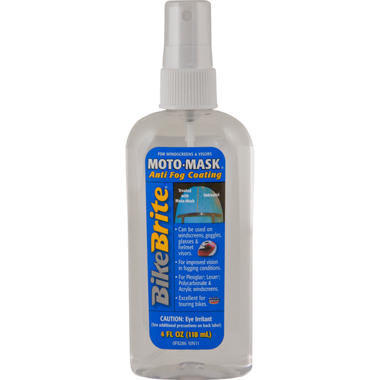 Anti-fog lens cleaner from Bike Brite Online, shown in a clear bottle with spray nozzle and label for bike eyewear cleaning.
