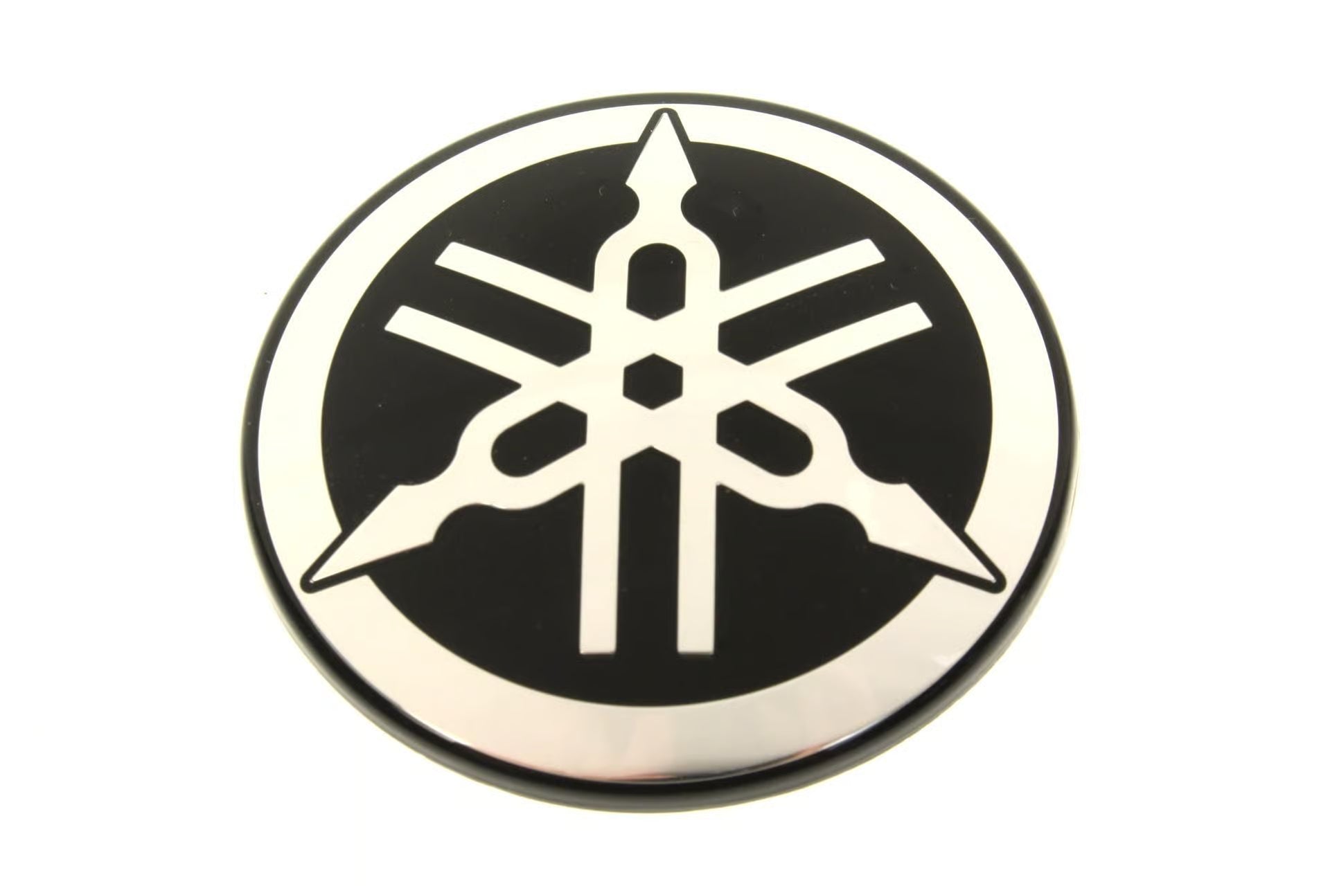 Yamaha OEM emblem badge, model 1RC-2413B-02-00, shiny metallic Yamaha logo for motorcycle or vehicle decoration