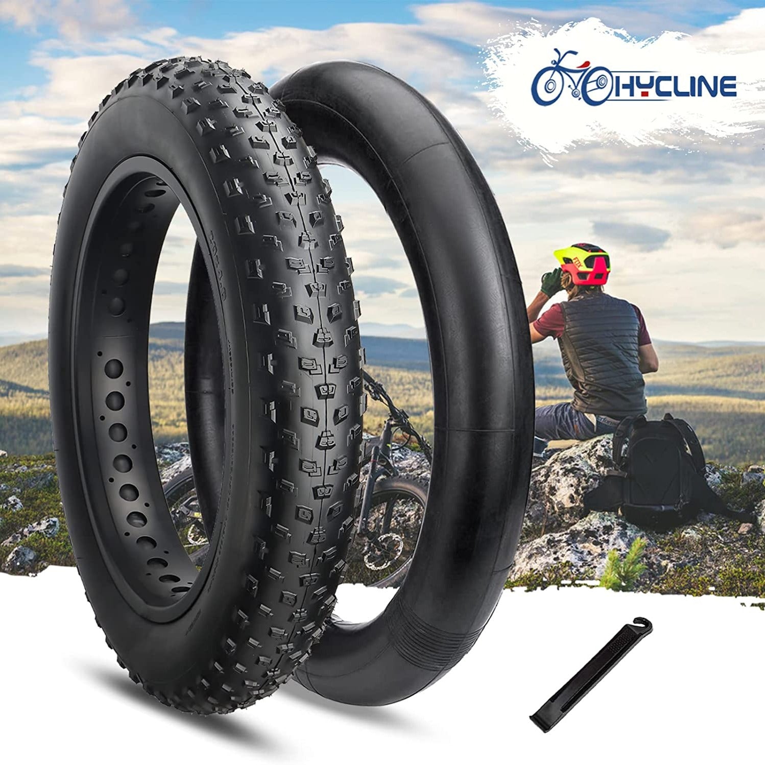 Hycline Raider fat bike and e-bike tire with tube, 20-26 inch durable fat tire for mountain and electric bicycles.