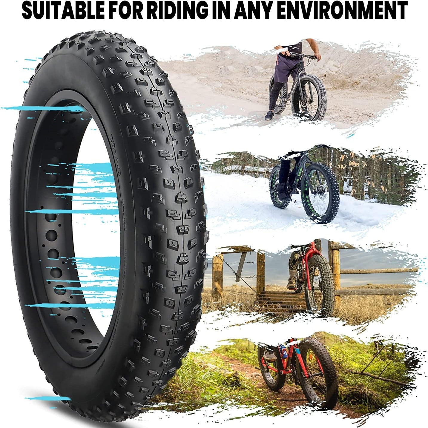 Hycline Raider fat bike and E-bike tire with tube, rugged tread pattern suitable for off-road cycling and fat tire bikes.