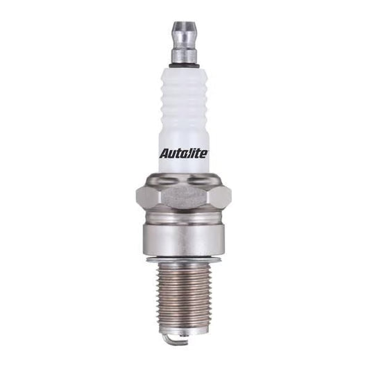 AutoLite Spark Plug 4063 showing the metal tip and ceramic insulator, designed for automotive engine performance.
