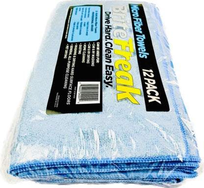 Side view of Bike Brite Online Brite Freak Magik Micros professional microfiber cloths in a 12-pack, each 16x16 inches.