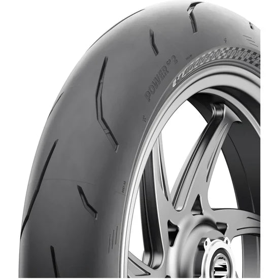Michelin Power GP2 rear motorcycle tire 180/55ZR17 with sidewall branding and tread pattern for high-performance riding.