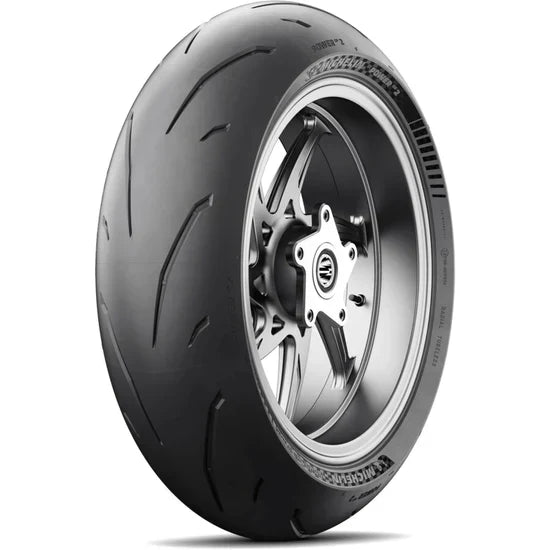 Michelin Power GP2 rear motorcycle tire 180/55ZR17 with 73W load rating, featuring tread pattern and sidewall details.