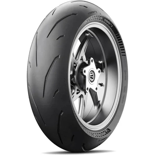 Michelin Power GP2 rear motorcycle tire 180/55ZR17 with 73W load rating, featuring tread pattern and sidewall details.