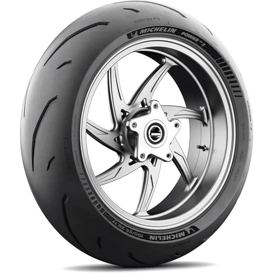 Rear Michelin Power GP2 motorcycle tire 180/55ZR17 (73W) with tread pattern and sidewall visible for high-performance riding.
