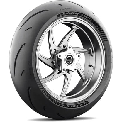 Rear Michelin Power GP2 motorcycle tire 180/55ZR17 (73W) with tread pattern and sidewall visible for high-performance riding.