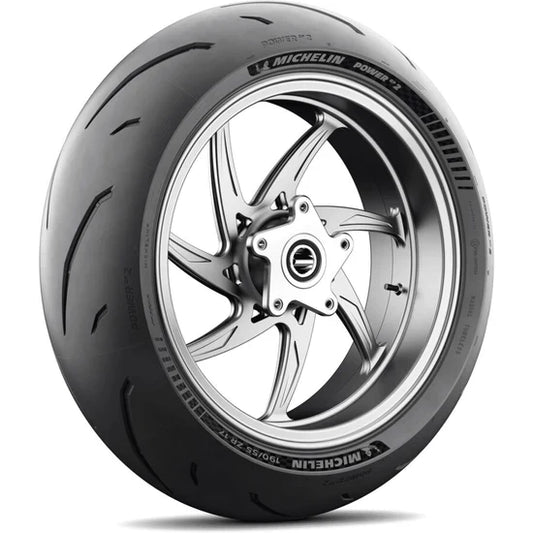 Rear Michelin Power GP2 motorcycle tire 180/55ZR17 (73W) with tread pattern and sidewall visible for high-performance riding.