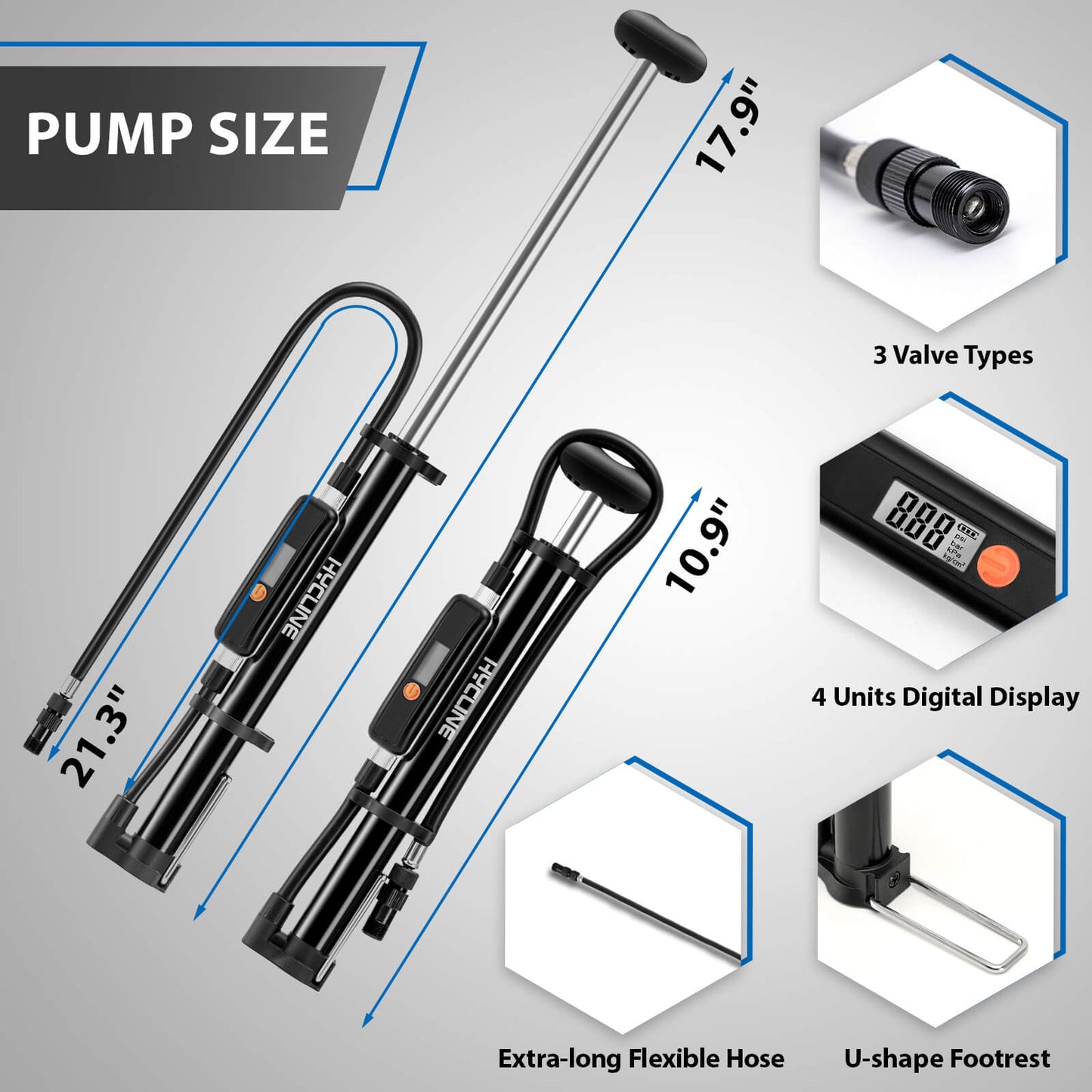Hycline Mege2 portable bicycle pump with gauge, 140 PSI compact bike pump for inflating bicycle tires, black and silver design