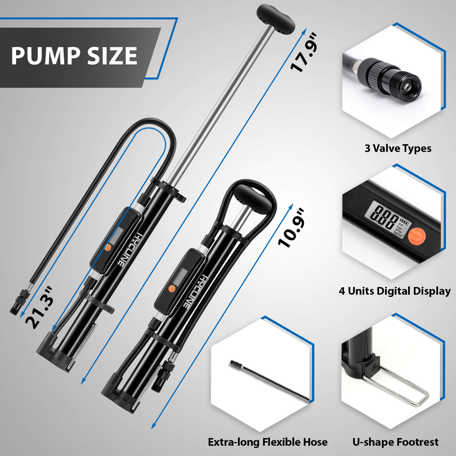 Hycline Mege2 portable bicycle pump with gauge, 140 PSI compact bike pump for inflating bicycle tires, black and silver design