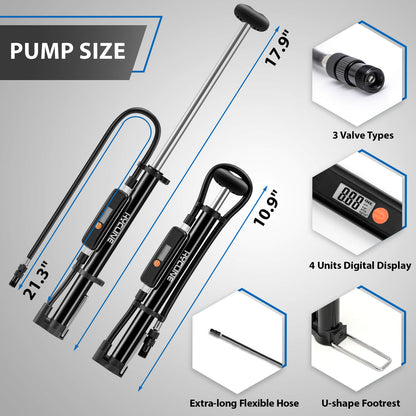 Hycline Mege2 portable bicycle pump with gauge, 140 PSI compact bike pump for inflating bicycle tires, black and silver design