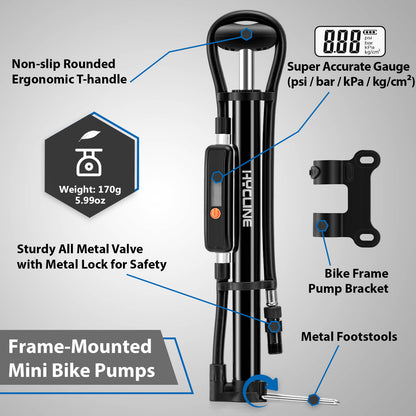 Hycline Mege2 140 PSI portable bike pump with gauge, compact bicycle pump for inflating bike tires efficiently.