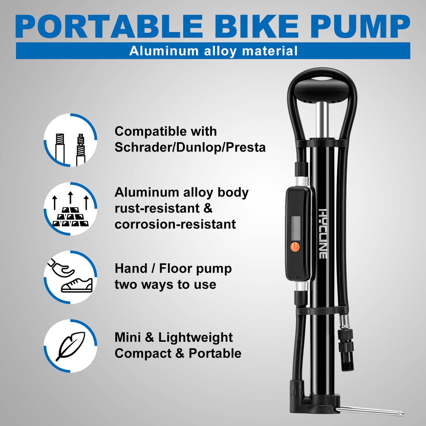 Hycline Mege2 portable bicycle pump with gauge, 140 PSI, compact bike pump for inflating tires on the go.