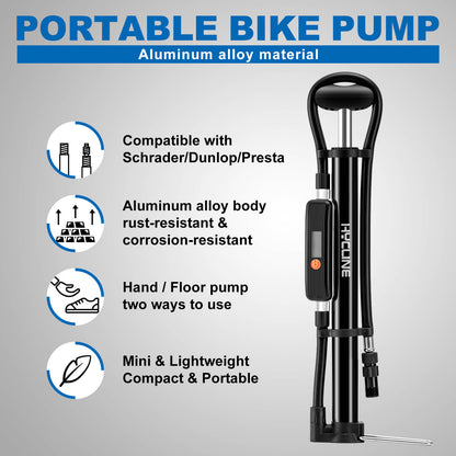 Hycline Mege2 portable bicycle pump with gauge, 140 PSI, compact bike pump for inflating tires on the go.