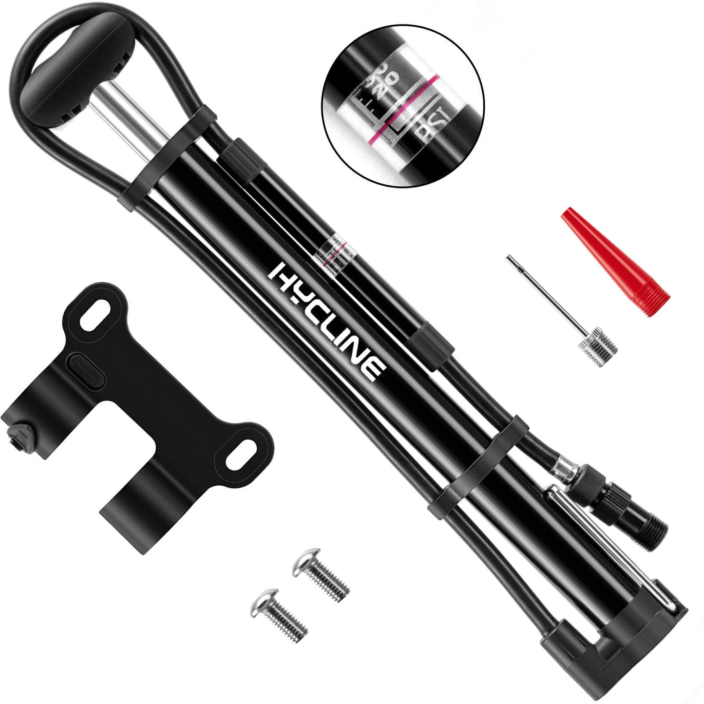 Hycline Mege2 140 PSI portable bicycle pump with built-in gauge and compact design for easy bike tire inflation.