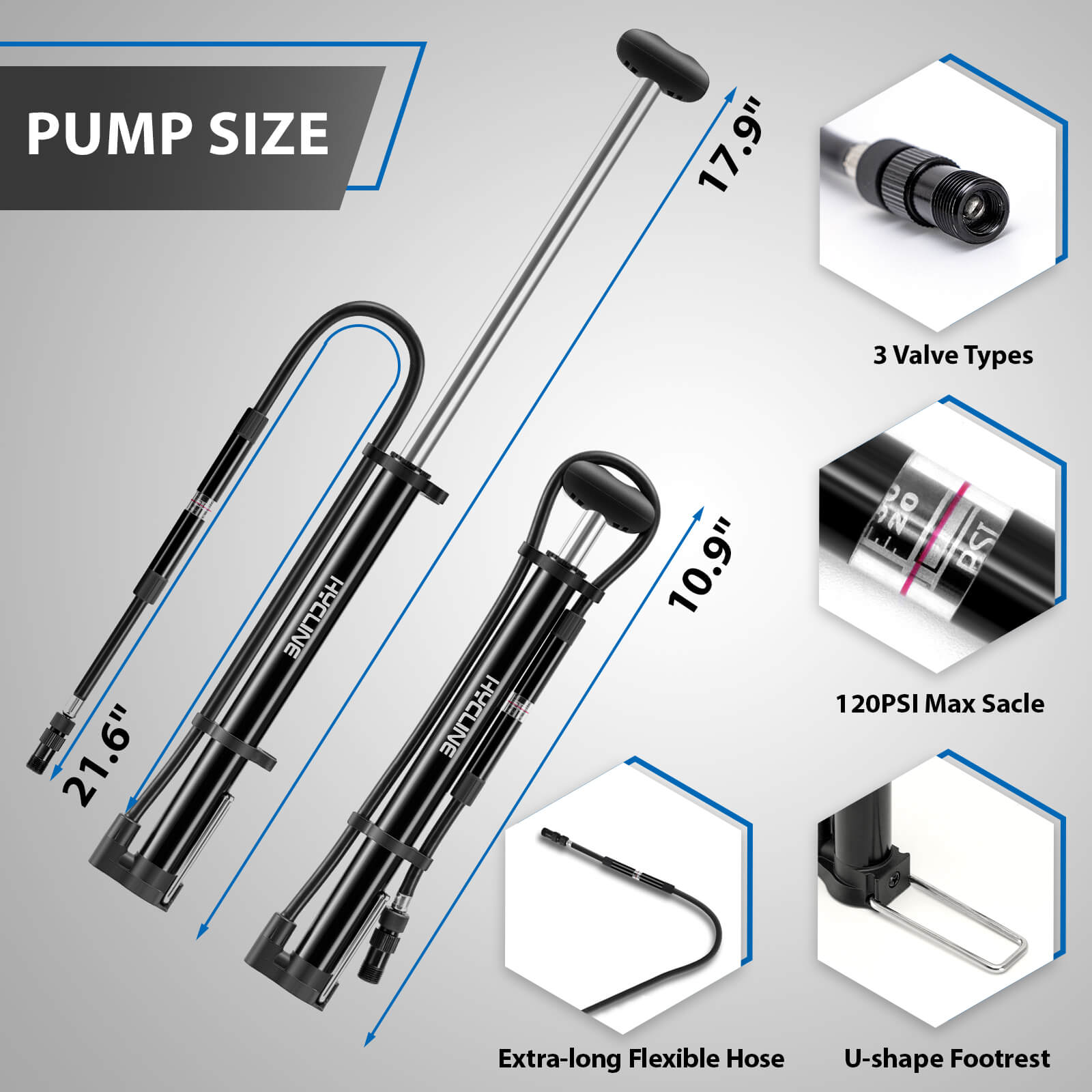 Hycline Mege2 portable bicycle pump with 140 PSI gauge, compact mini bike pump for inflating bicycle tires.