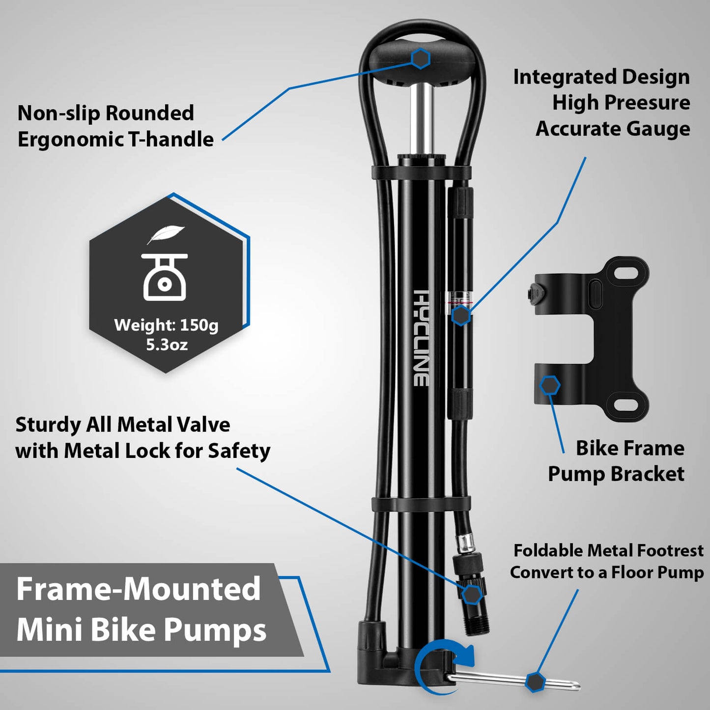 Hycline Mege2 140 PSI portable bicycle pump with built-in gauge, compact design for easy bike tire inflation.