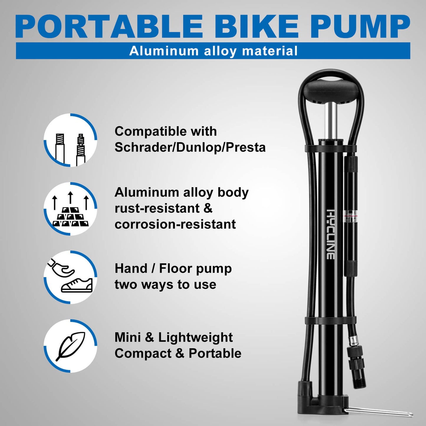 Hycline Mege2 140 PSI portable bicycle pump with built-in pressure gauge and compact design for easy bike inflation.