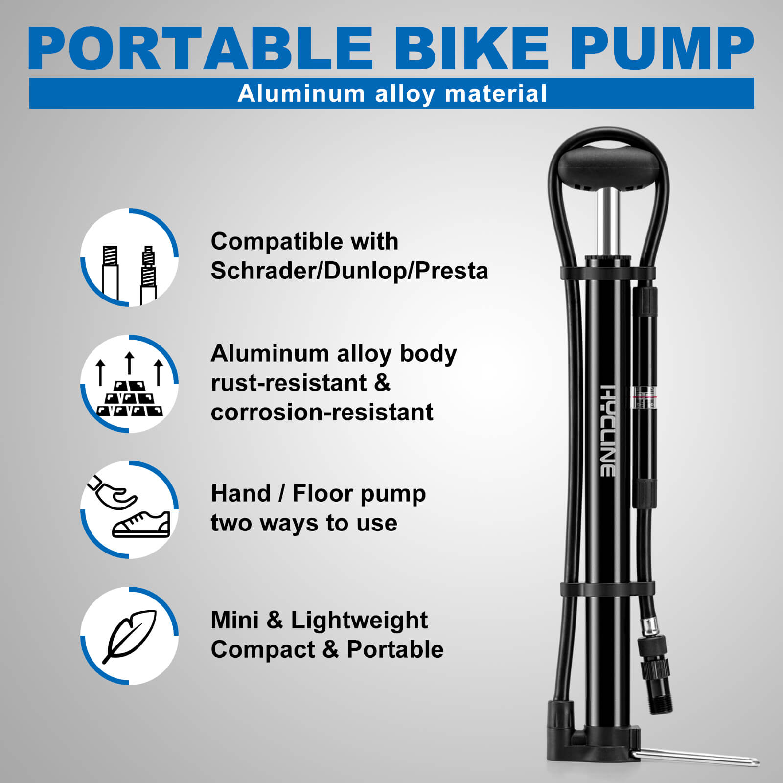 Hycline Mege2 140 PSI portable bicycle pump with built-in pressure gauge and compact design for easy bike inflation.