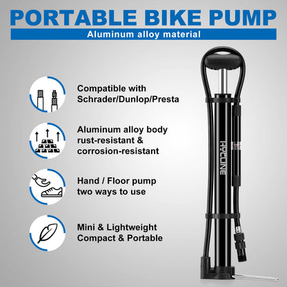 Hycline Mege2 140 PSI portable bicycle pump with built-in pressure gauge and compact design for easy bike inflation.