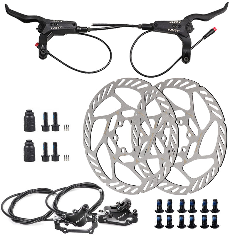 Hycline NUTT electric bicycle hydraulic disc brake kit with 2-pin power-off mechanism, shown installed on a bike.