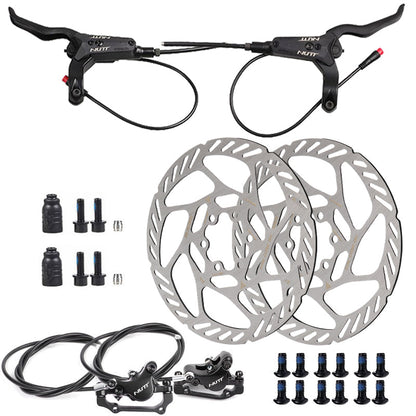 Hycline NUTT electric bicycle hydraulic disc brake kit with 2-pin power-off mechanism, shown installed on a bike.
