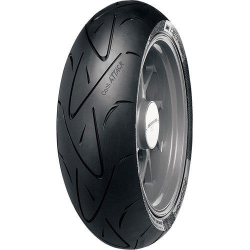 Rear Continental ContiSportAttack motorcycle tire 190/55ZR17 sport radial with tread pattern for sport riding.