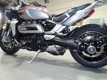 Vandemon Triumph Rocket 3R & GT 2019-25 titanium stealth slip-on mufflers by Bill's Exhausts, showing their sleek design and matte finish.