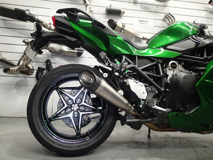Vandemon titanium carbon tip slip-on exhaust for Kawasaki H2 SE SX motorcycle, installed on a 2018-2024 model.